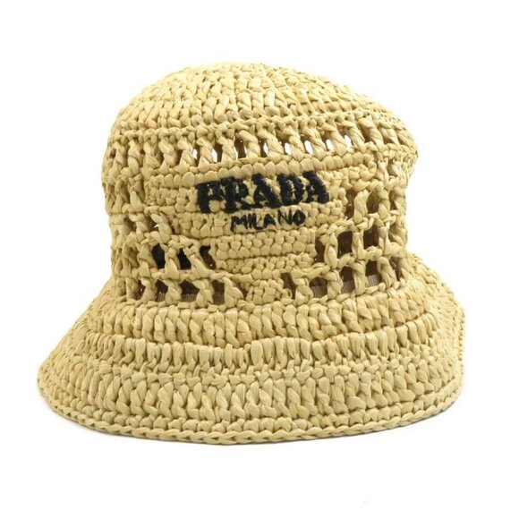 Auth PRADA Bucket Hat Natural Beige Raffia - Picture 1 of 10